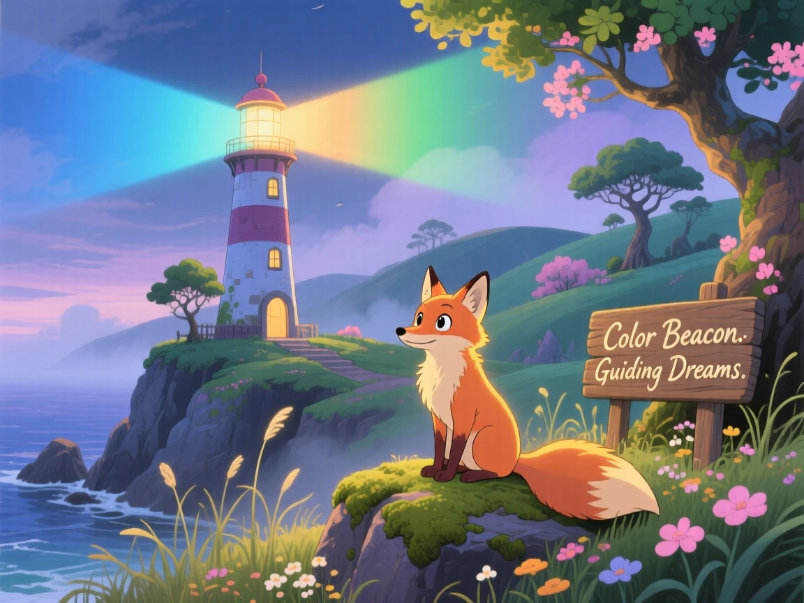 A lighthouse that beams color instead of light, where a fox with softly glowing fur can be seen nearby, the atmosphere whimsical and joyful.