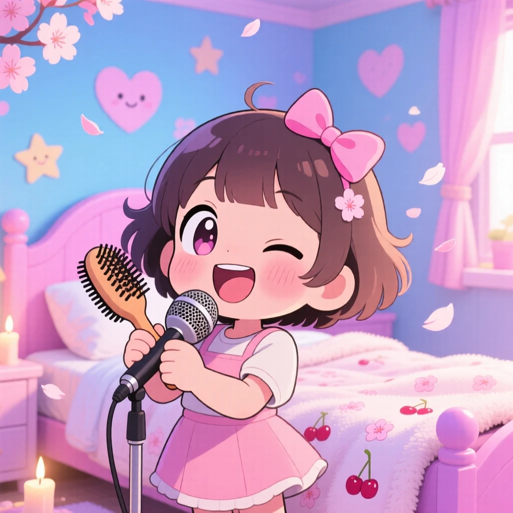 In a colorful bedroom, a small girl is singing into a hairbrush microphone as cherry blossom petals drift on the breeze, bathed in gentle candlelight, expression full of giggling amusement. Shot as a medium shot.