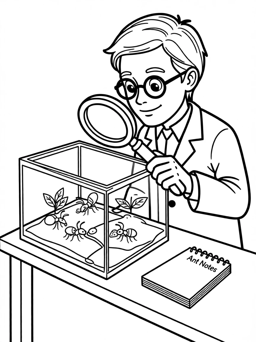 A scientist studying ants working together in an ant farm