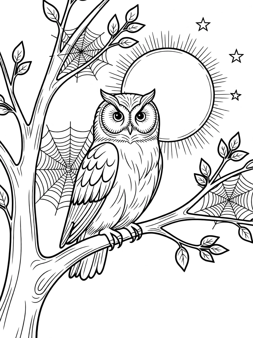 An owl perched silently on a moonlit branch, with delicate spider webs strung between branches.