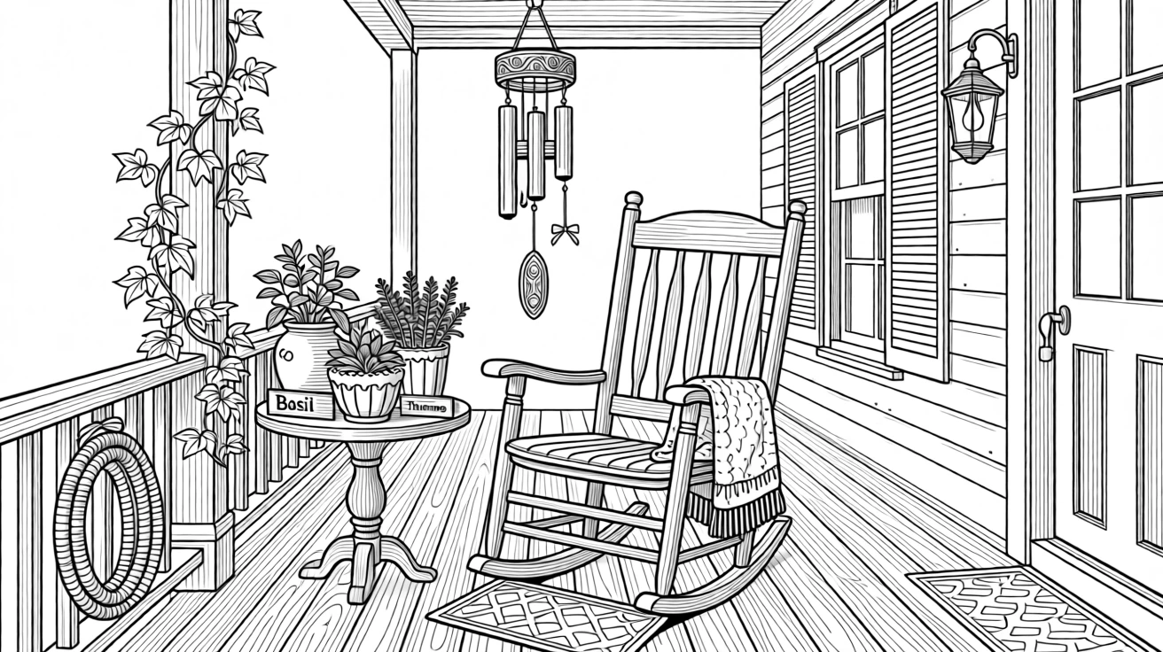 A cozy porch scene with wind chimes, potted herbs, and a rocking chair.