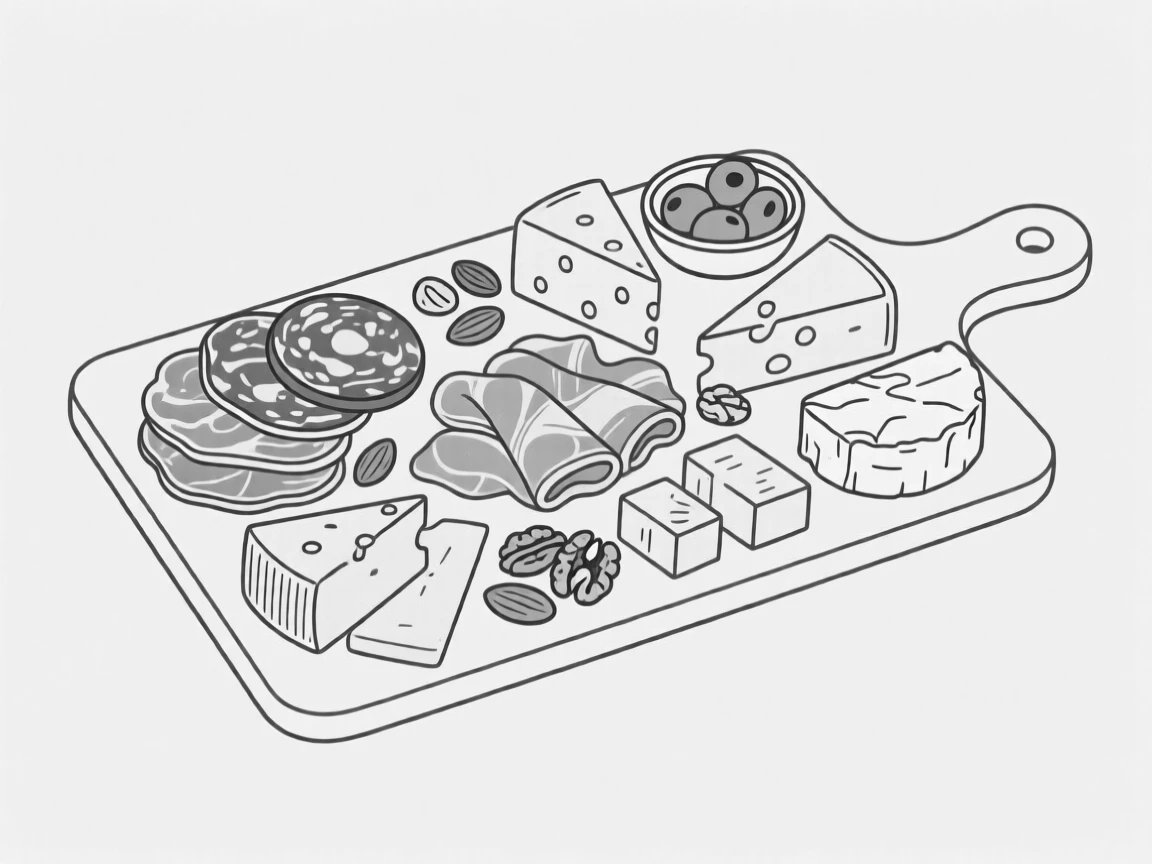 A charcuterie board arranged with meats, cheeses, and nuts