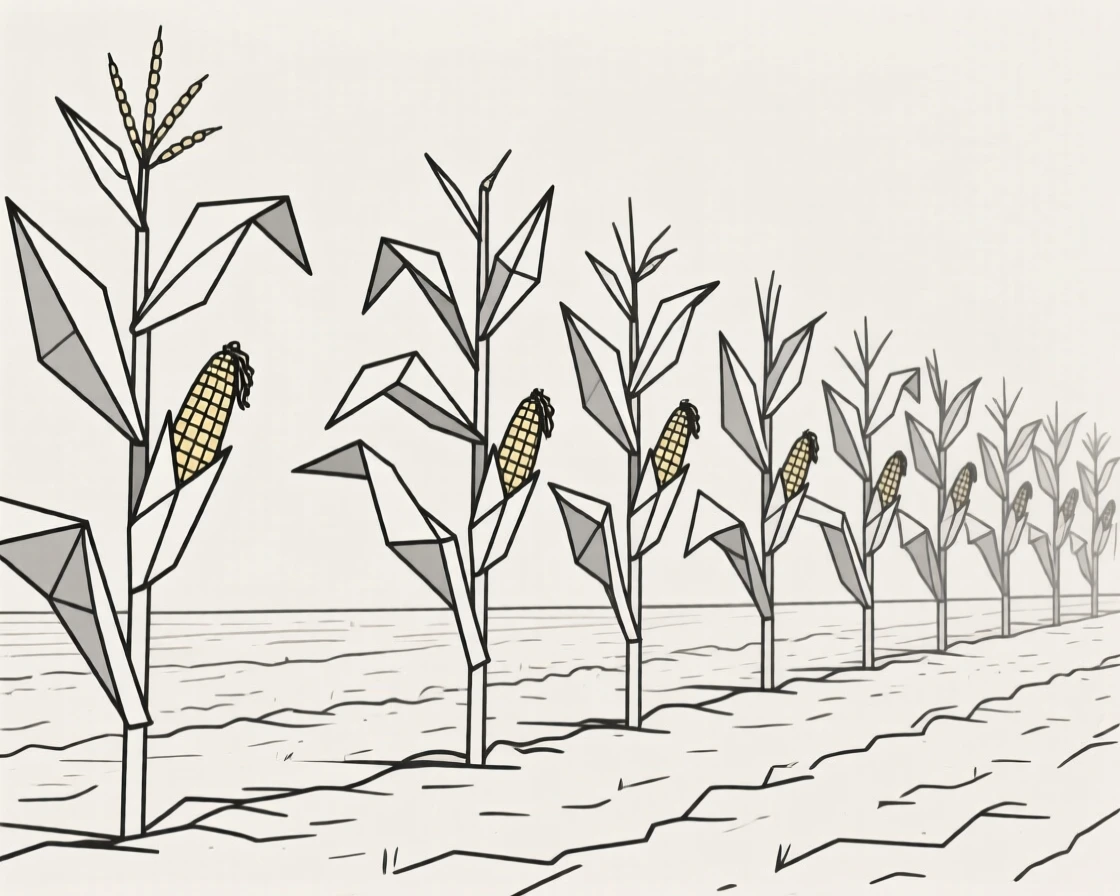 A row of corn stalks in a farm field
