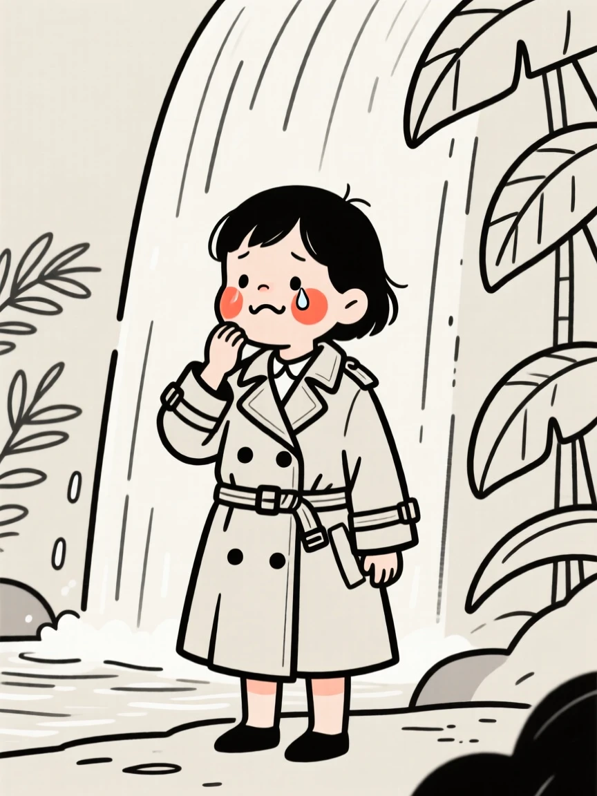 A two-year-old of French heritage in a vintage-inspired trench coat, holding back happy tears, by a waterfall in the jungle.