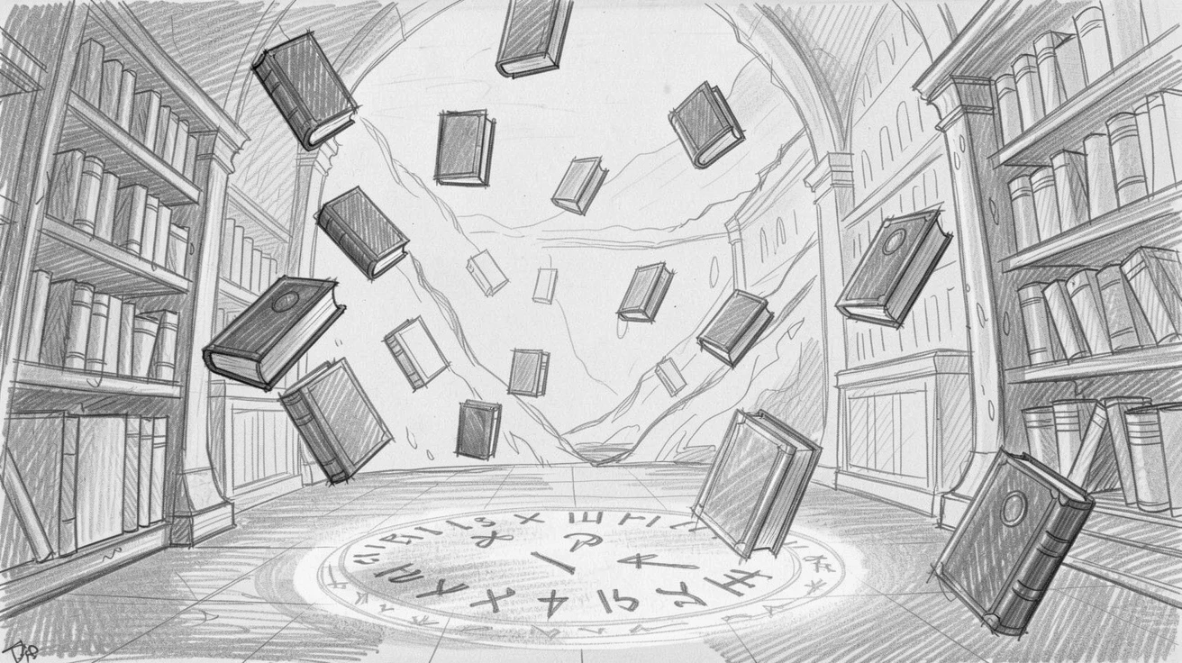 An epic fantasy scene of an enchanted library with floating books in a valley bathed in otherworldly light, with ancient runes glowing faintly on the ground.