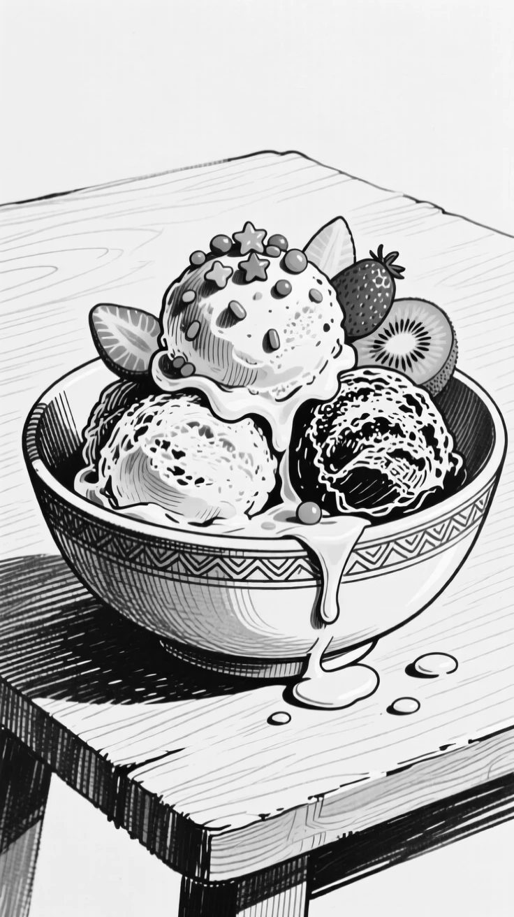 A bowl of ice cream with colorful toppings melting slightly in the sun.