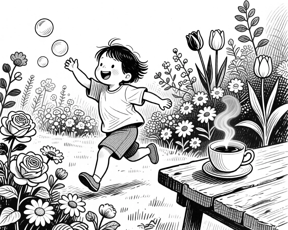 A child chasing bubbles in a garden in a garden filled with blooming flowers, with a cup of tea resting close by, creating a tender and sincere lifestyle scene.