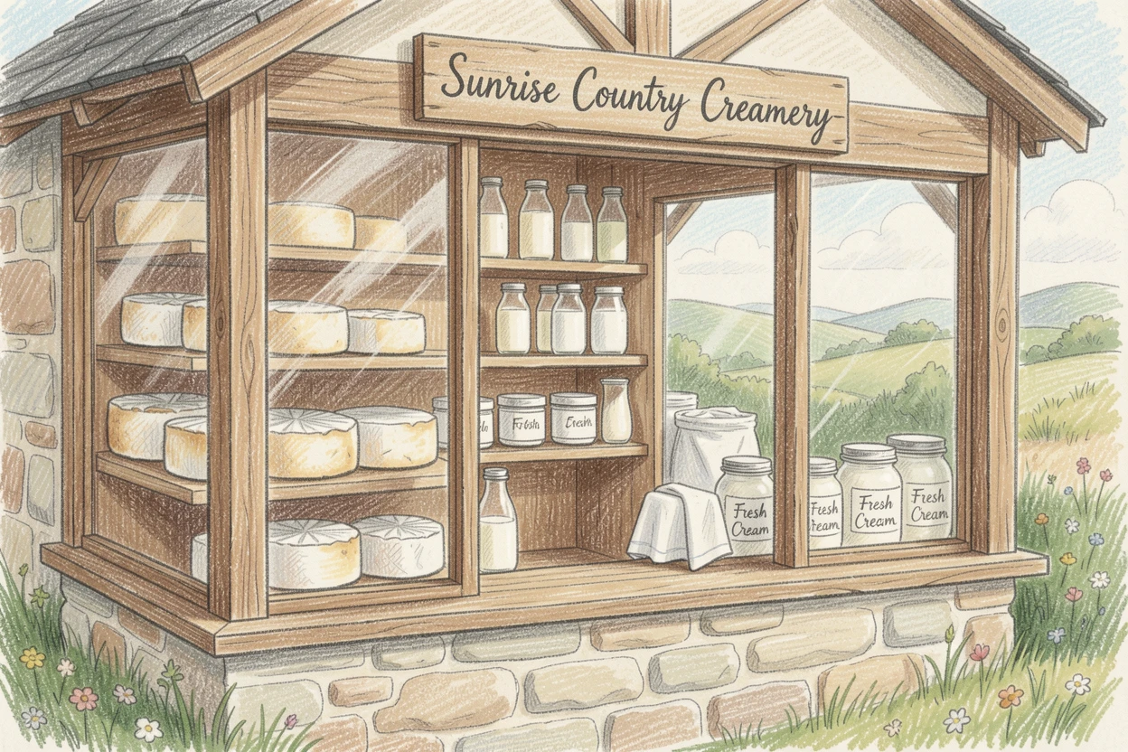 A quiet countryside creamery with fresh milk and cheese on display, with delicate details that reward a closer look, evoking warmth, beauty, and a lasting sense of wonder.