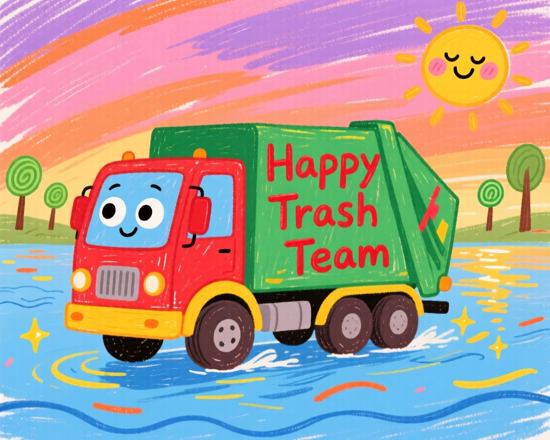 A friendly garbage truck gliding over a quiet lake at sunset.