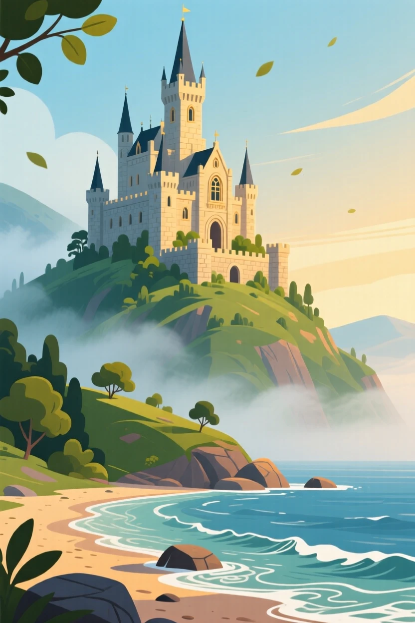 A grand castle perched atop a misty hillside, with gentle waves lapping at the shore nearby, framed to showcase both intimate detail and grand scale, with a joyful, adventurous atmosphere.