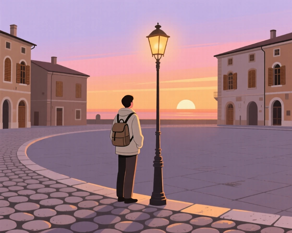 A traveler watching the sunset near an old cobblestone square.