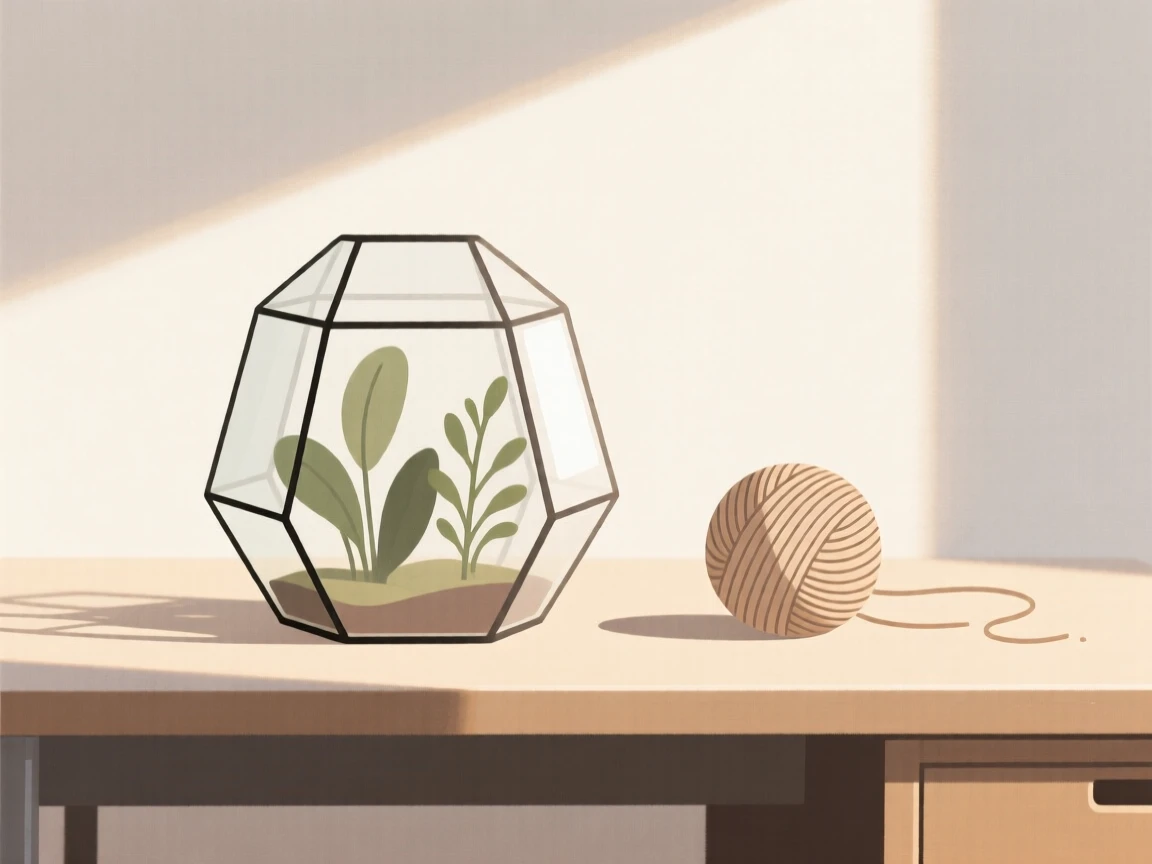 A glass terrarium resting on a sunlit study, surrounded by a ball of yarn, evoking nostalgic charm.