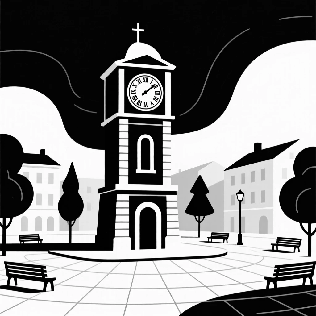A historic clock tower in a town square.