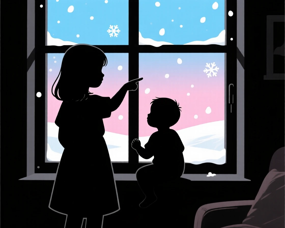 A young girl showing her baby brother his first snowfall through a window.