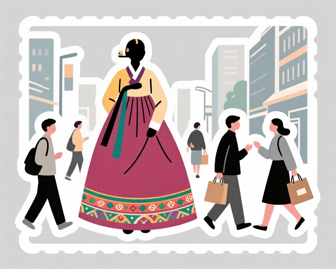 A postcard-perfect Korean hanbok-inspired flowing dress, with locals going about their day, during a memorable journey abroad.