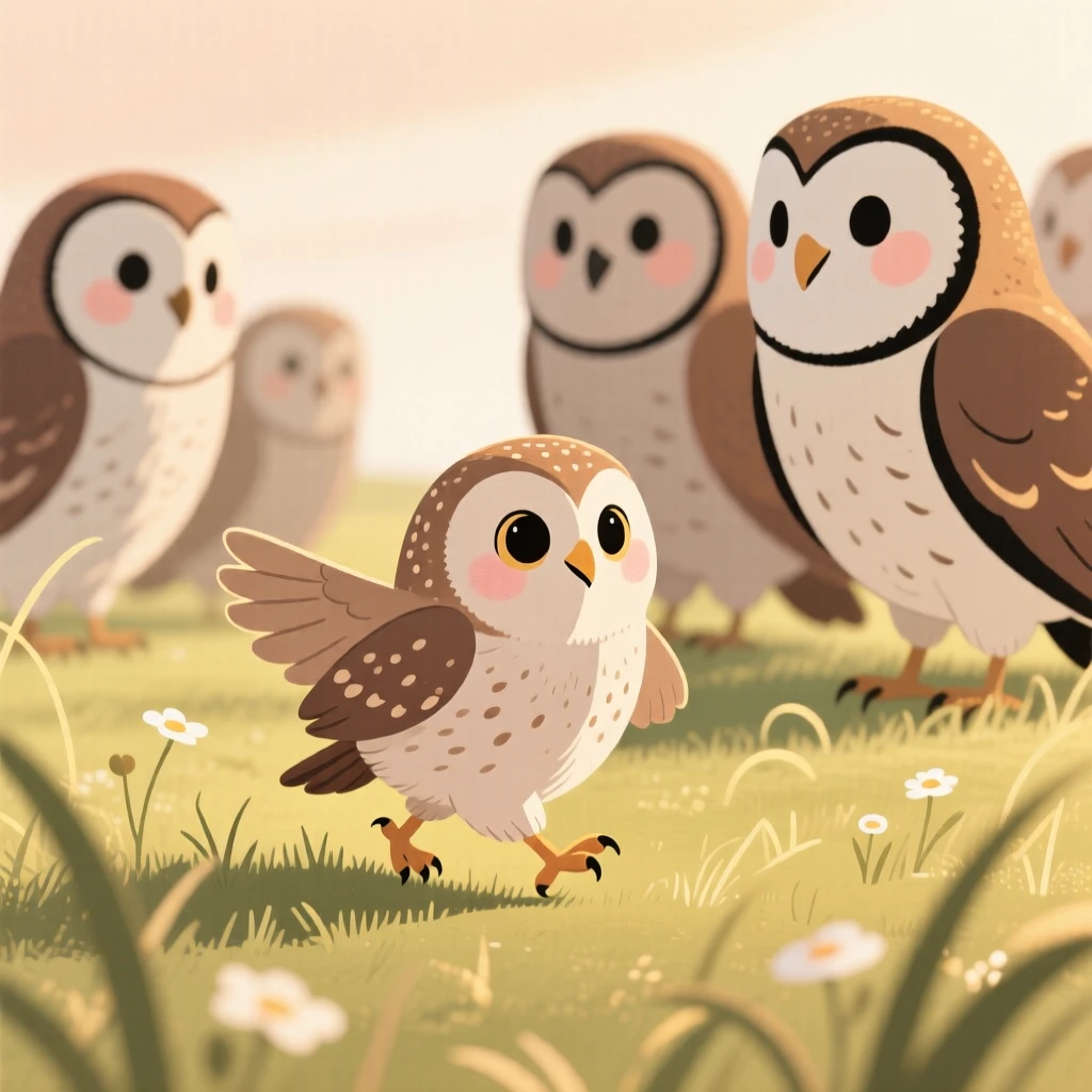 A curious owlet explores a sunlit pasture for the first time, taking wobbly first steps while a nearby flock watches with gentle patience.