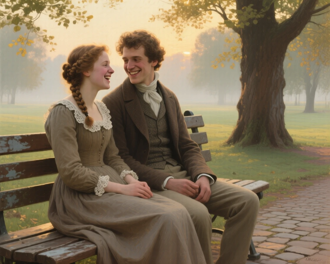 An intimate close-up of a young couple sharing a quiet laugh on a park bench, in early morning light, in the early 19th century.