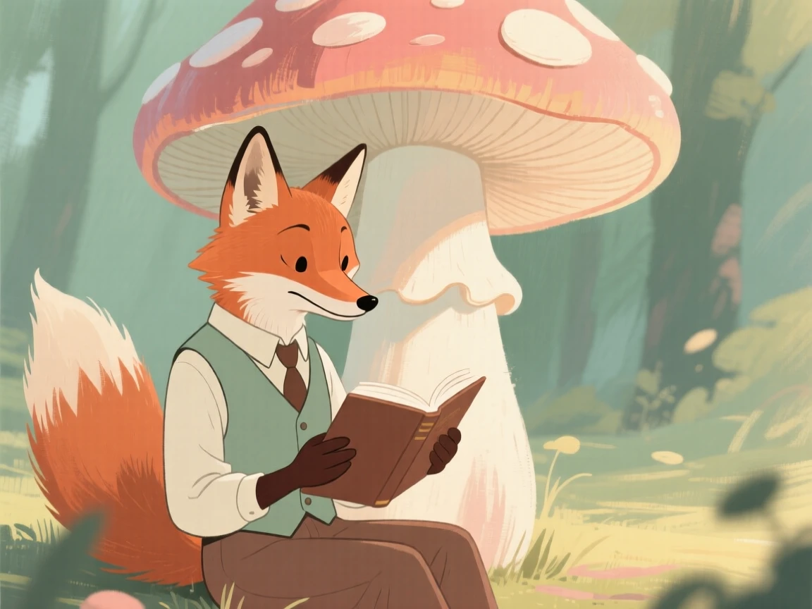 A fox wearing a small waistcoat reading a book beneath a toadstool