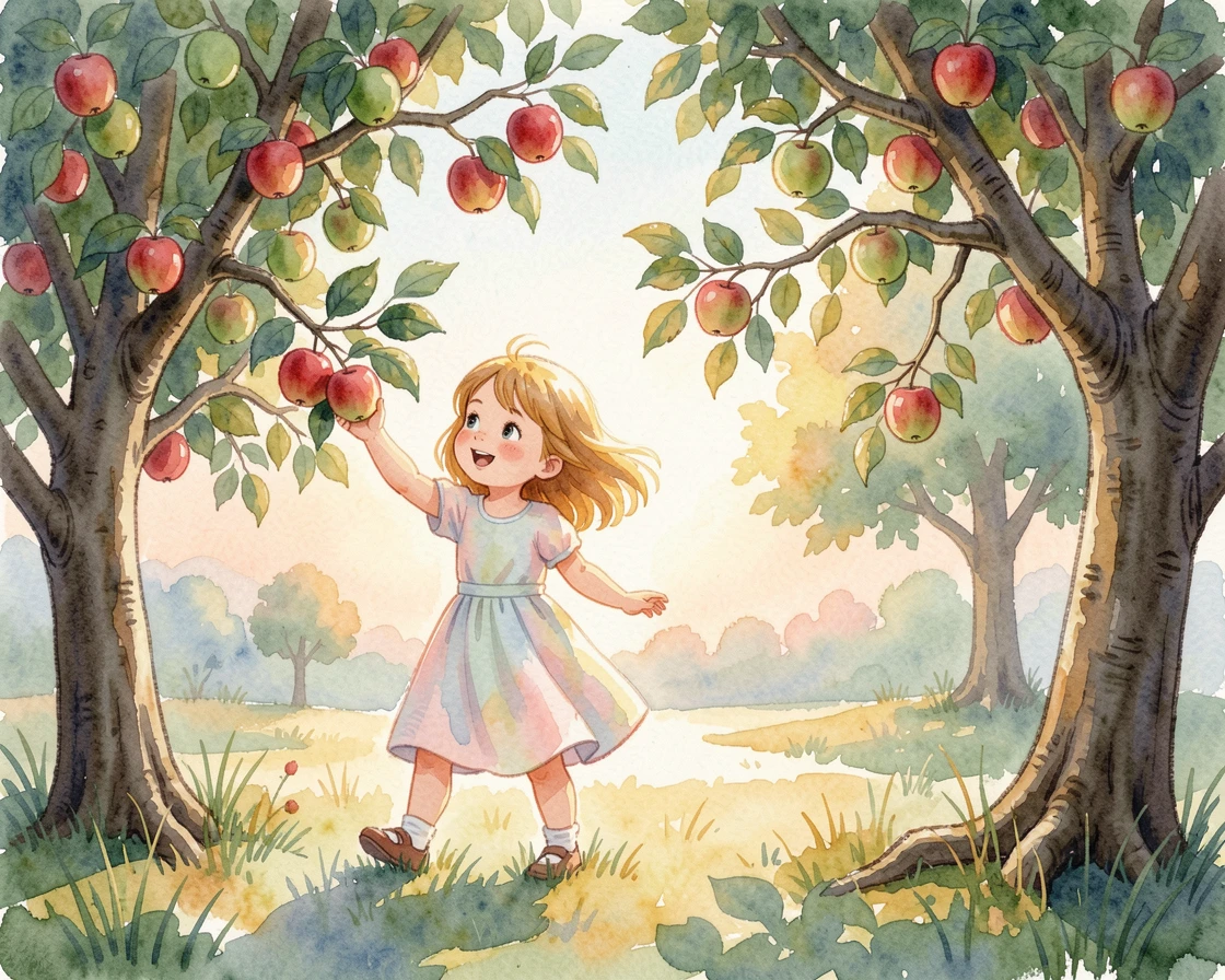 A little girl picking apples in an orchard on a warm sunny afternoon.
