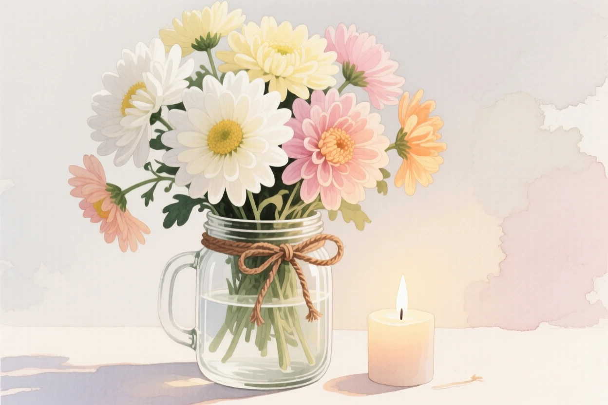 A bouquet of chrysanthemums in soft, layered tones fills a mason jar tied with twine beside a flickering candle, petals catching the gentle light