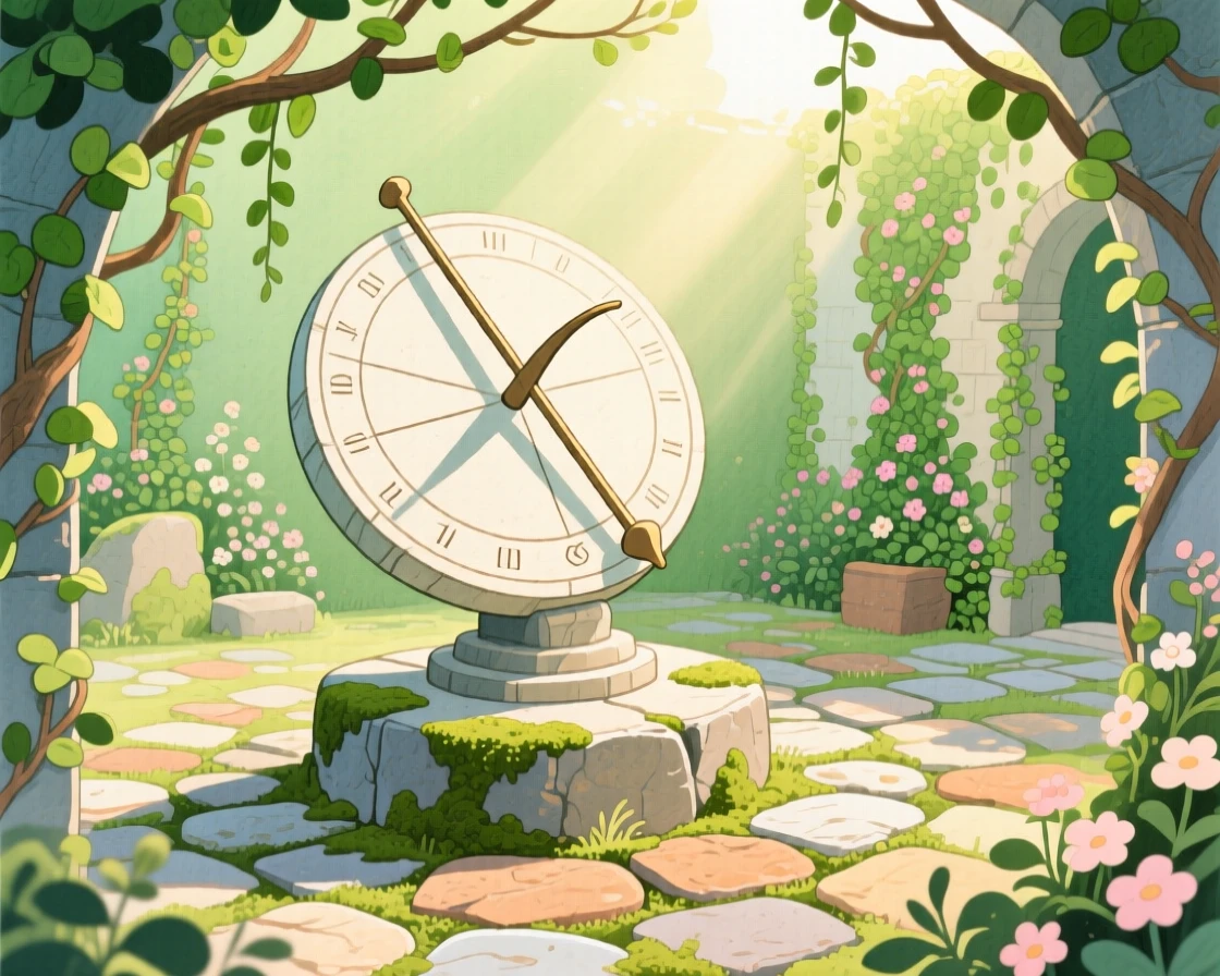 An ancient sundial in an overgrown courtyard, bathed in soft magical light.