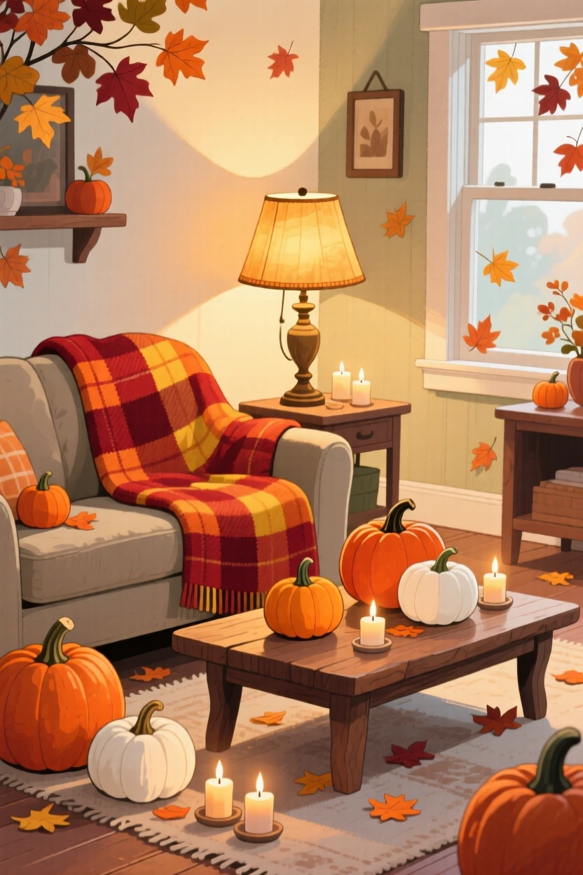 A living room decorated for autumn with pumpkins, candles, and a plaid throw blanket, with soft golden lamplight glowing nearby, filled with quiet gratitude for life's small pleasures.