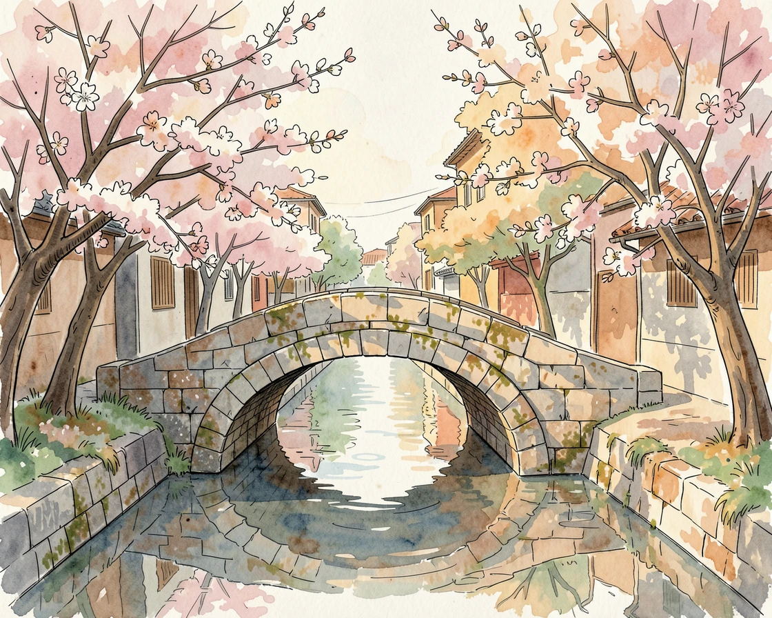 A quiet stone footbridge crossing a canal lined with flowering trees, warm afternoon light settling over the weathered stone and rooftops.