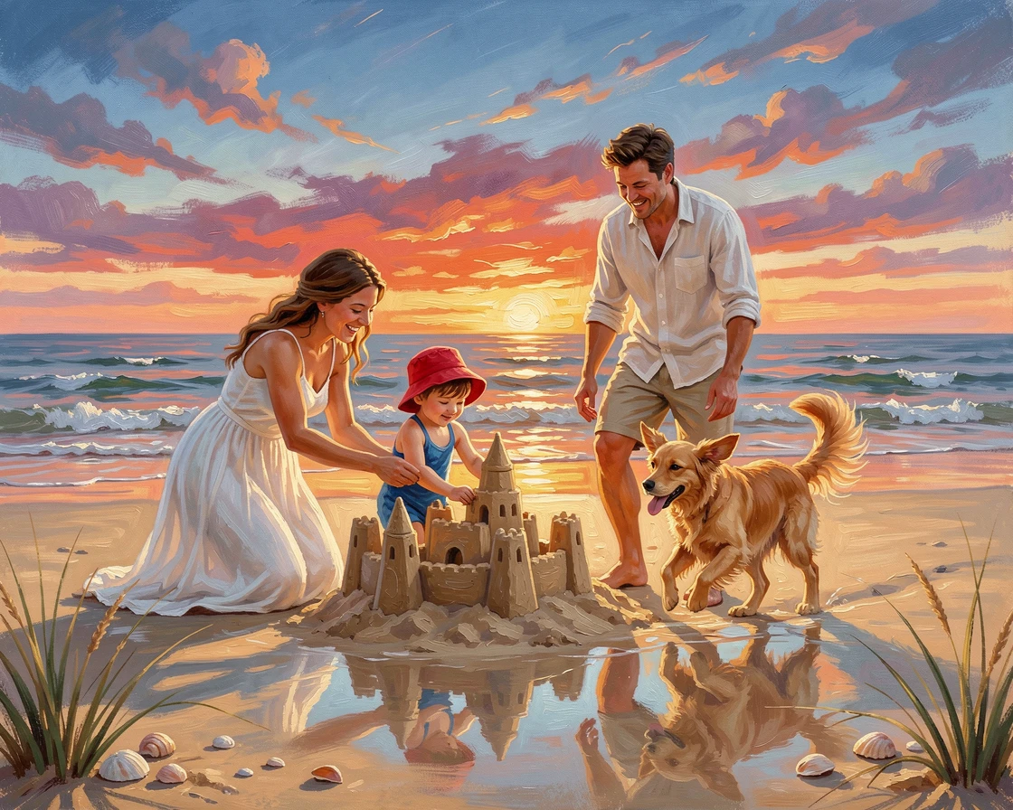 On a quiet beach at golden hour, a young family building a sandcastle on the beach, a dog bounding happily alongside them, as the sun sets in brilliant color behind them.