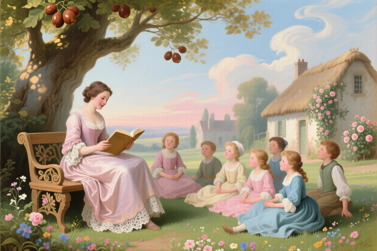 A village teacher reading to children beneath a large chestnut tree  