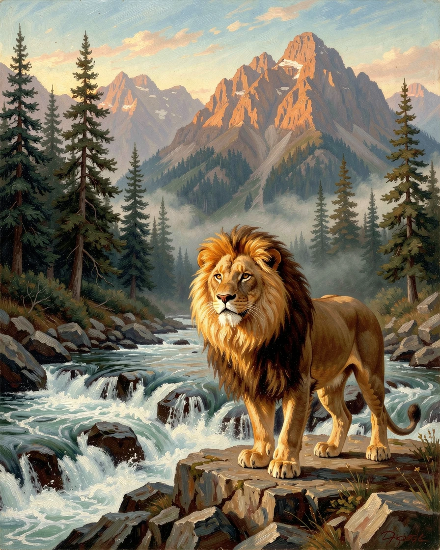A lion stands proudly at the edge of a rushing mountain river as dawn breaks over the land.