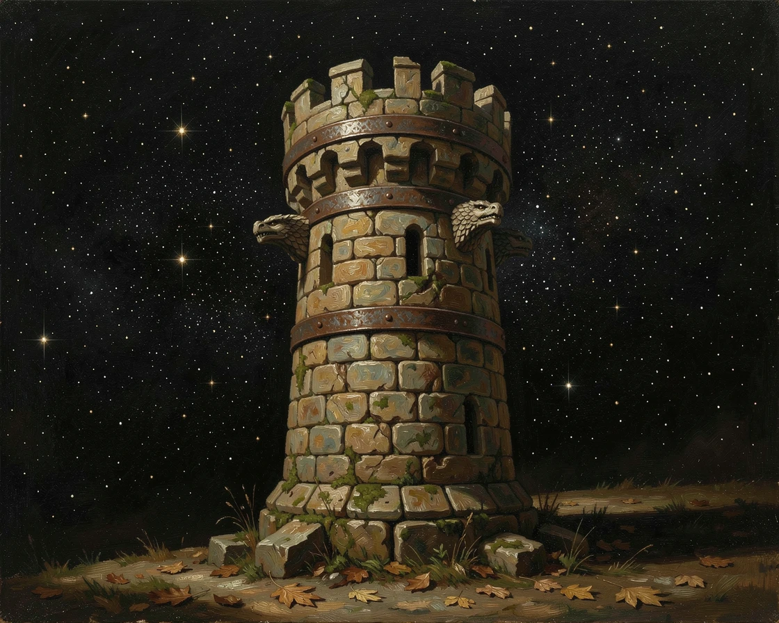 A lone tower standing at the edge of a vast, star-filled void, with intricate textures on armor, scales, or ancient stone, offering a breathtaking escape into a beautifully rendered fantasy world