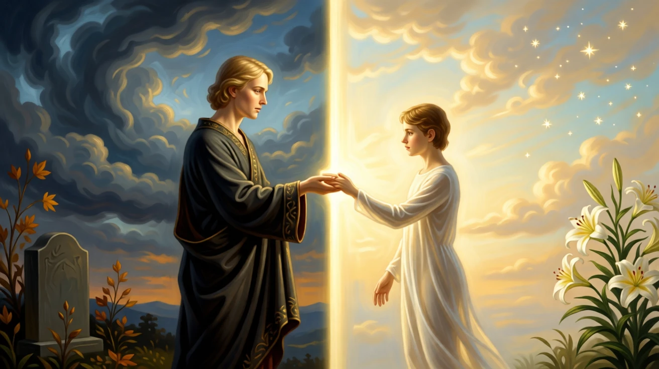Death depicted as a gentle guide leading a soul toward the light at the threshold between the mortal and the eternal, set beneath a sky divided between storm and radiant light, with a single ray of light illuminating the central symbolic gesture; the composition balances opposing symbolic elements on either side of the central figure, filled with quiet reverence for forces greater than ourselves.