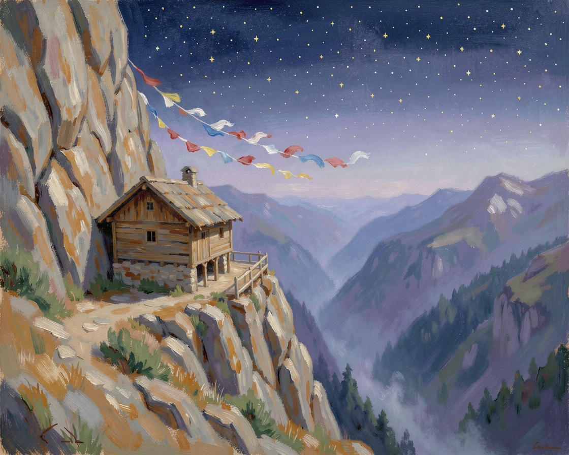 A quiet mountain hermitage clinging to a cliffside, prayer flags fluttering in the wind above a deep valley, under a canopy of stars.