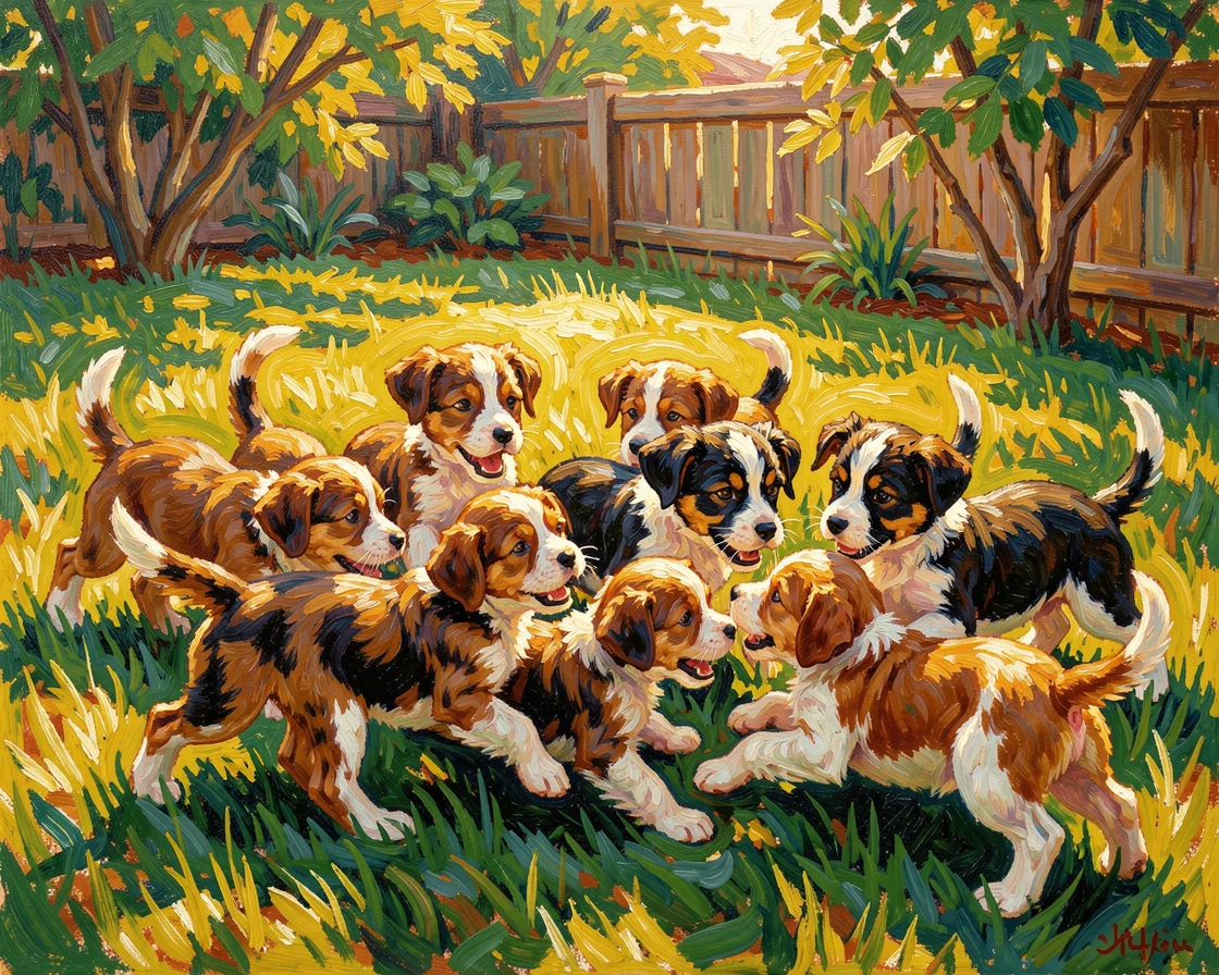 A litter of puppies tumbling playfully across a sunlit backyard lawn.
