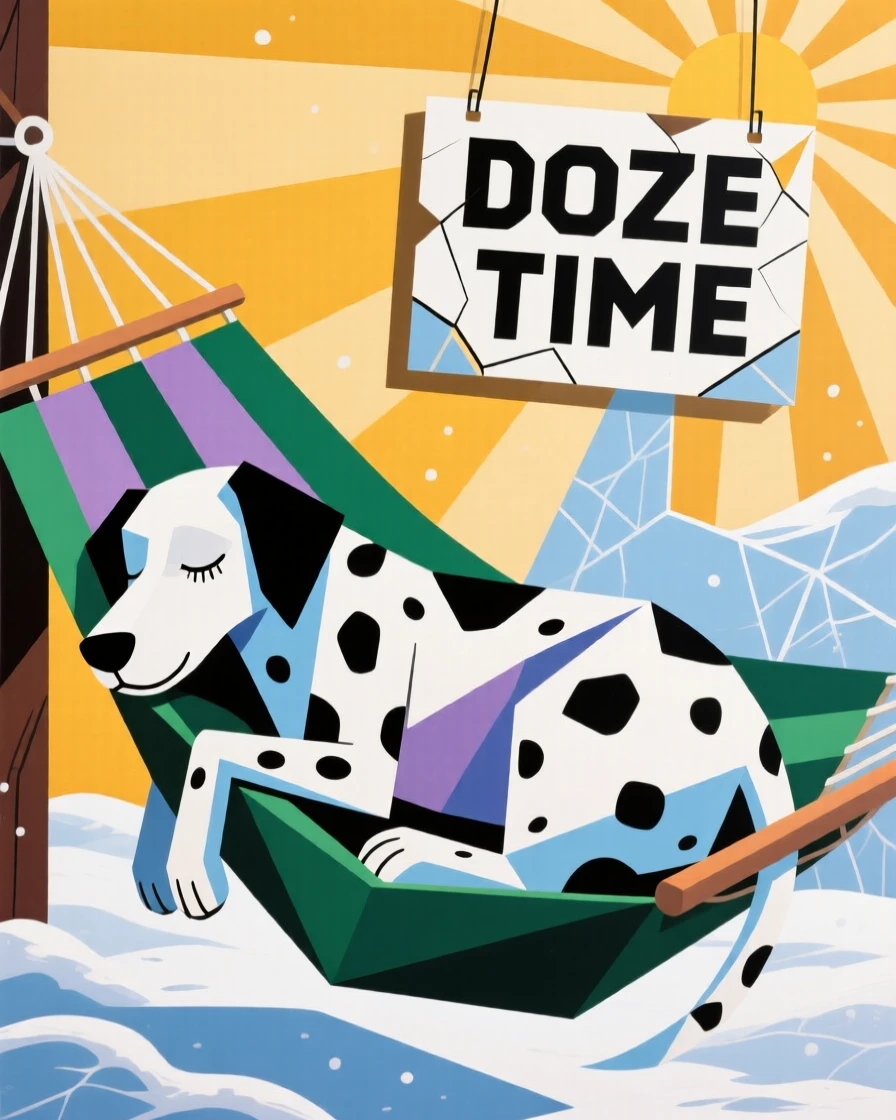 A charming portrait of a spotted dalmatian dozing in a hammock on a summer afternoon, during a quiet snowy morning.