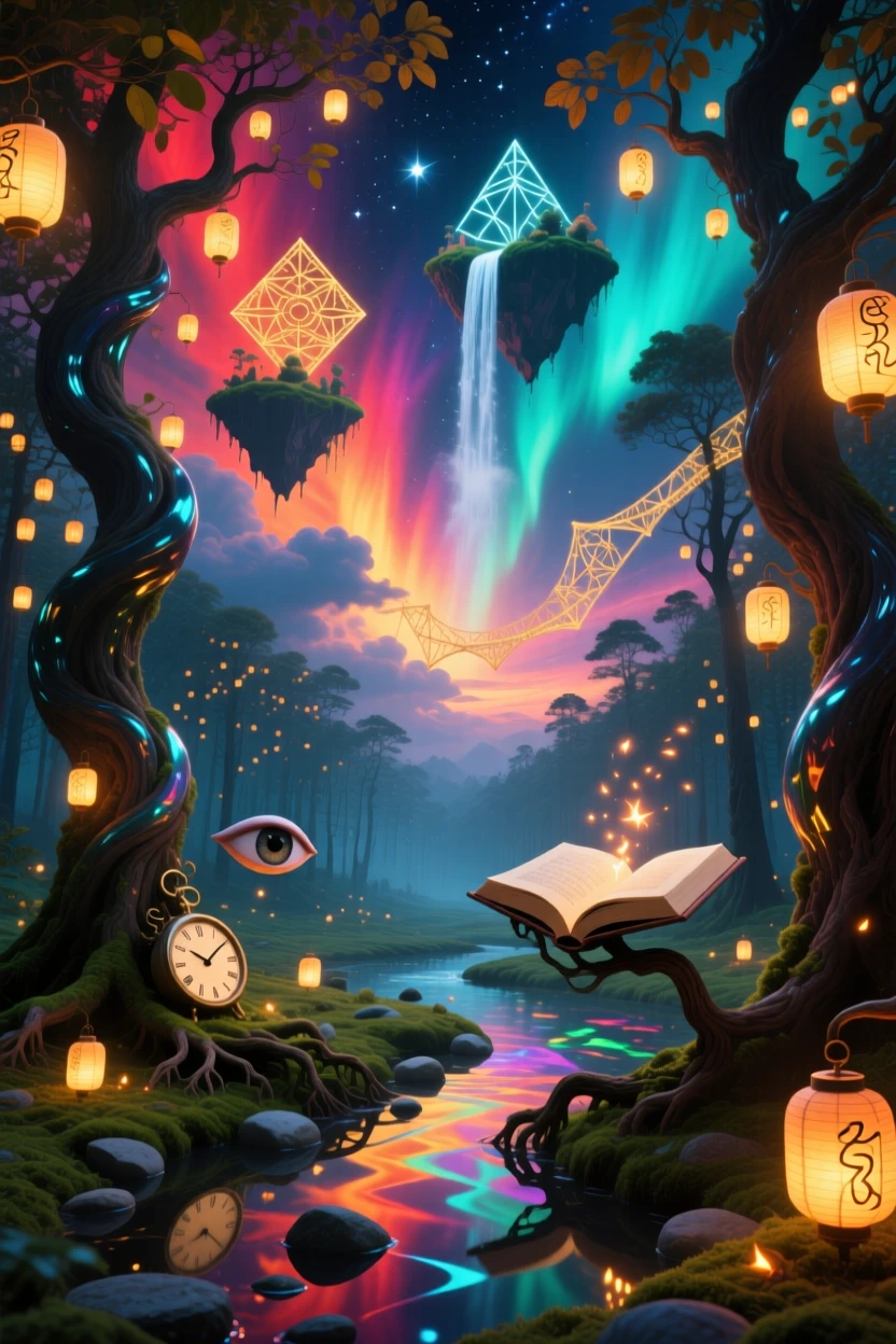 A forest of trees whose leaves are tiny glowing lanterns stretches endlessly beneath a sky of shifting colors, as soft light pools in every hollow and crevice.