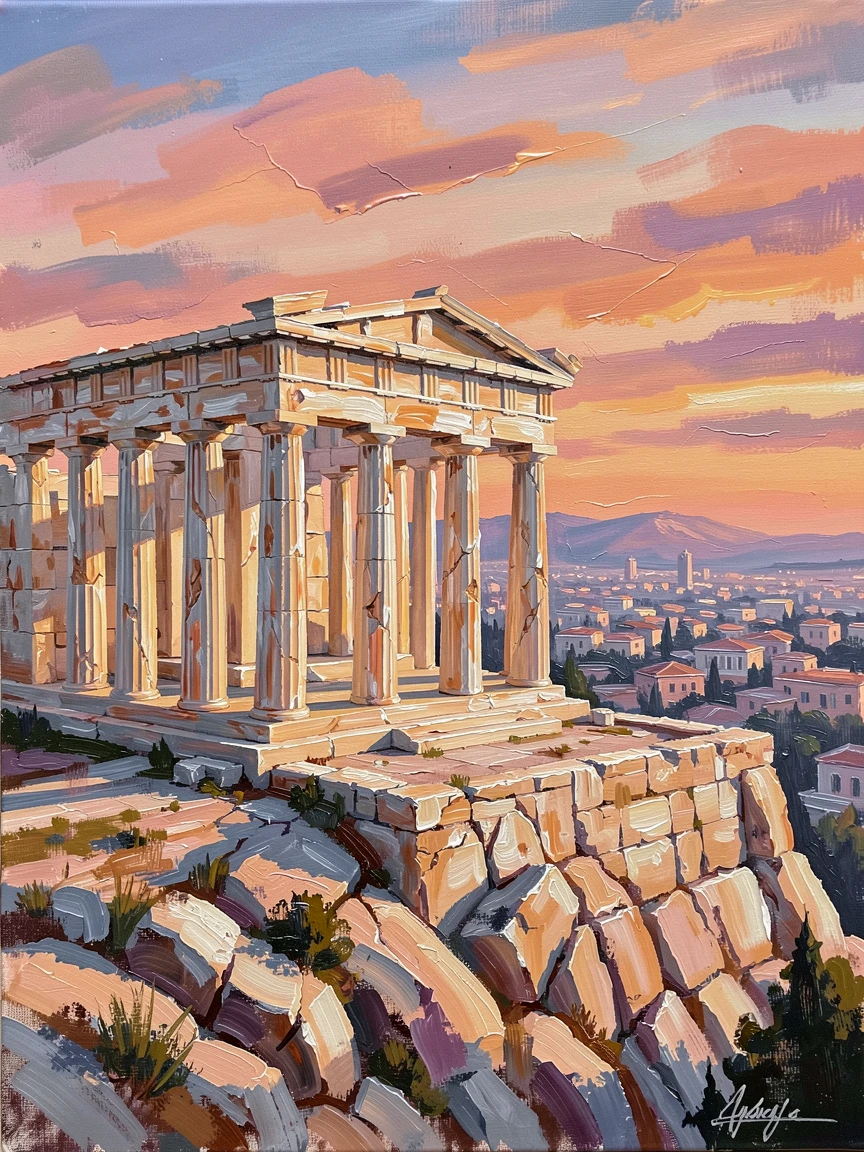 The Parthenon stands proudly atop the Acropolis at sunset, golden light illuminating its weathered marble columns above the sprawling city of Athens, the changing light of the hour casting long shadows that add depth to every surface.