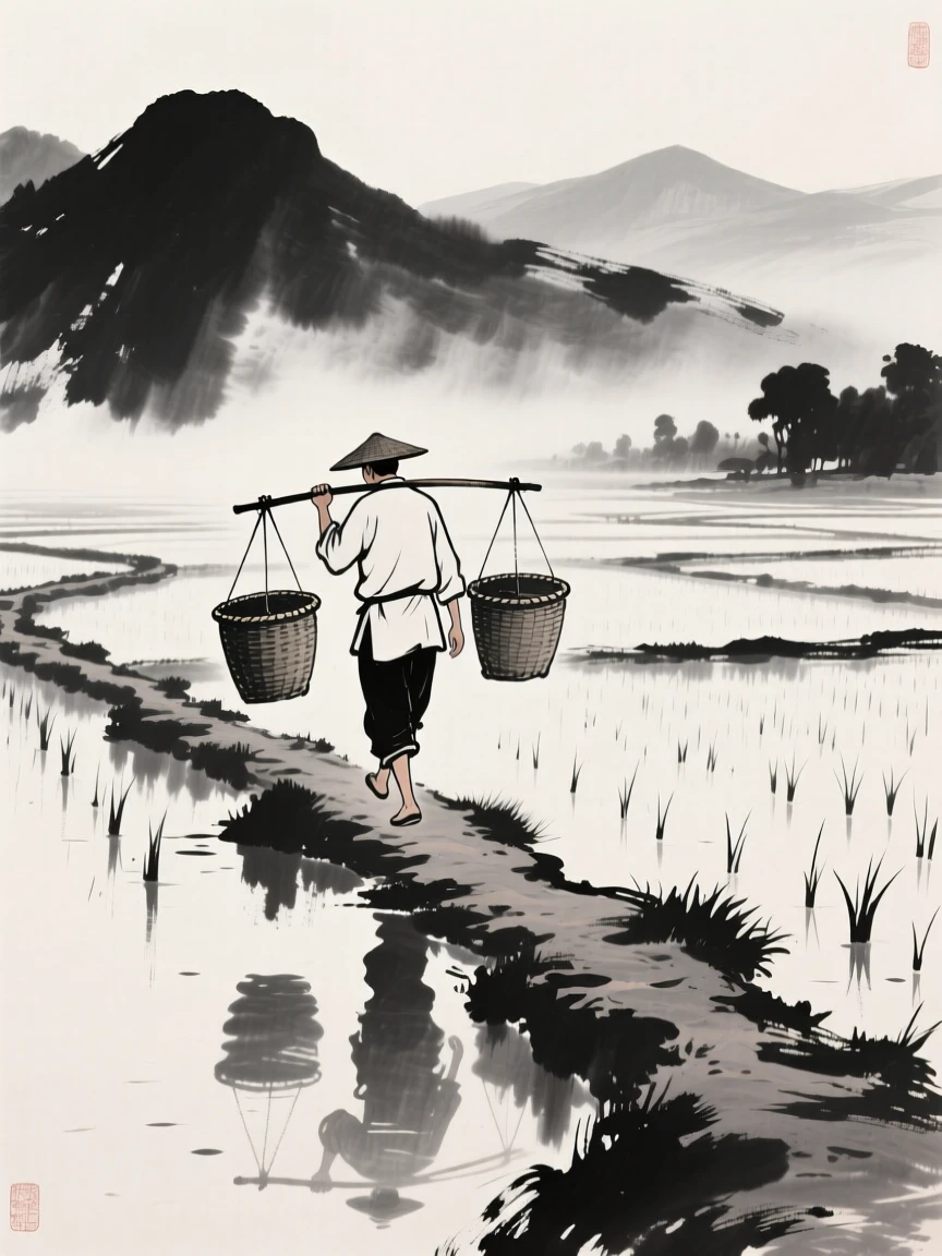 A farmer carries baskets balanced on a shoulder pole along a field path, with distant mountains reflected in the flooded fields.