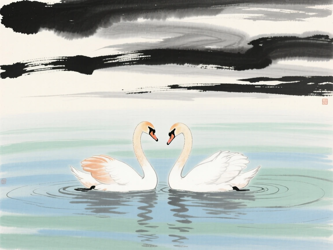 A pair of swans gliding side by side across a quiet lake, under a sky streaked with clouds, carrying a mood of wistful nostalgia.