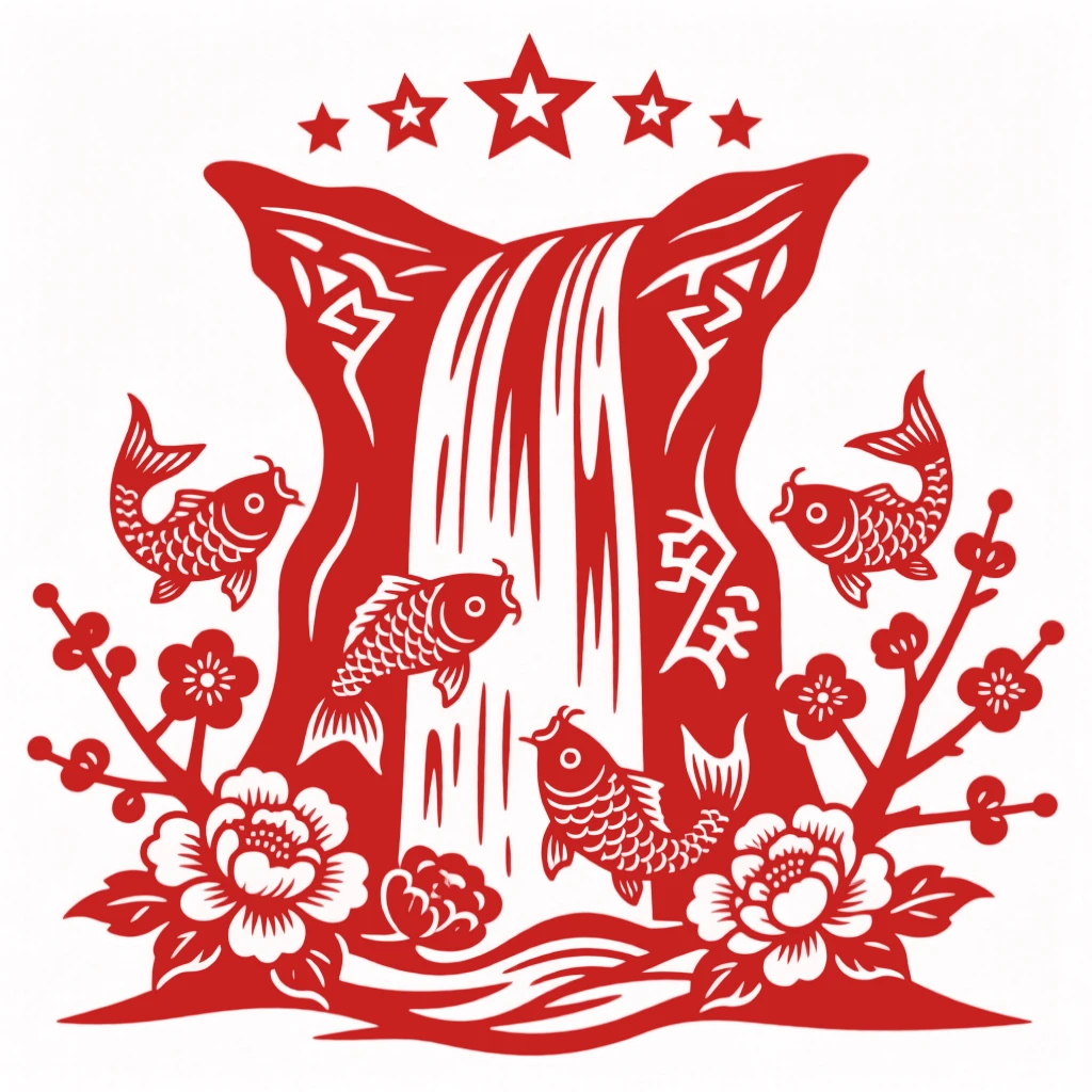 A waterfall that flows upward into the sky, carrying blossoms and koi fish toward the stars