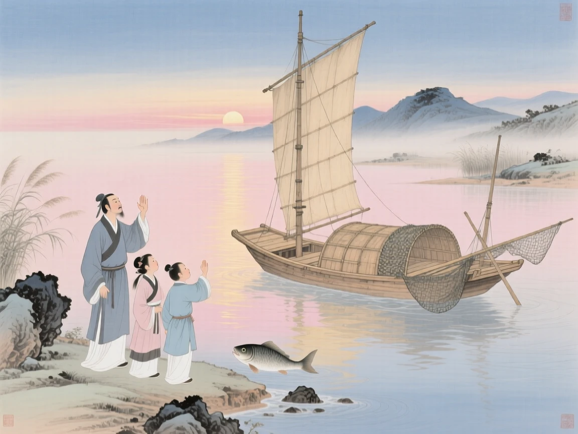 A fisherman's family waving from the shore as a boat departs at dawn