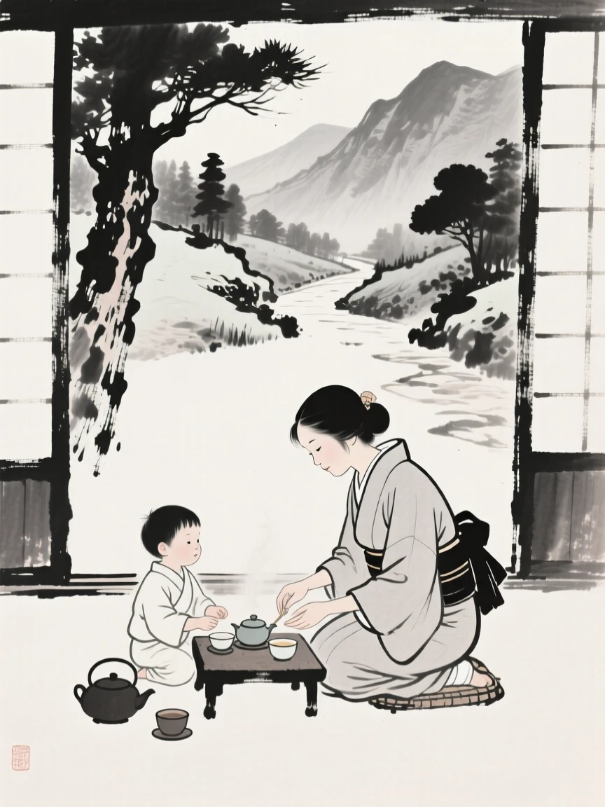 A mother and child preparing tea in a quiet courtyard along a quiet mountain trail, framed intimately, focusing on quiet gesture and expression, suggesting harmony between people and their surroundings.