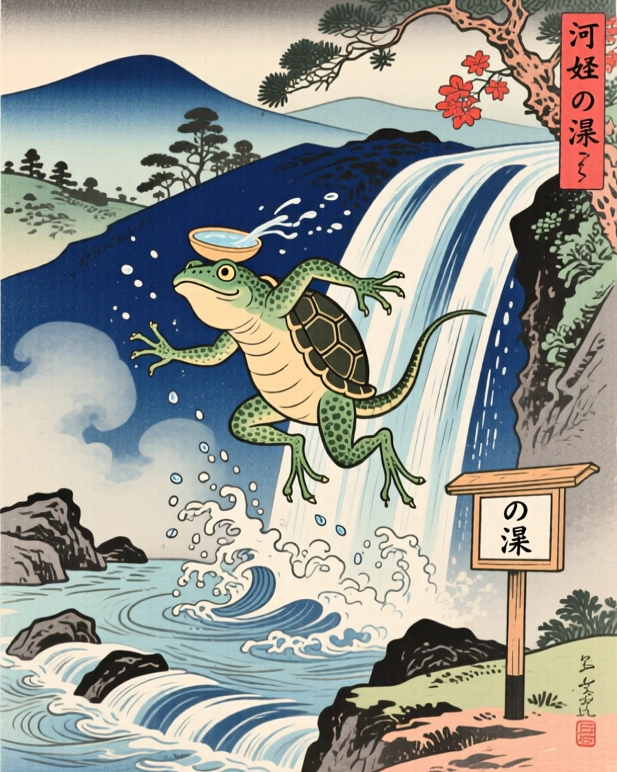 A curious kappa leaping from a thundering waterfall.