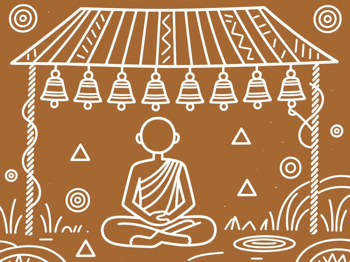 A young monk beneath a canopy of temple bells.