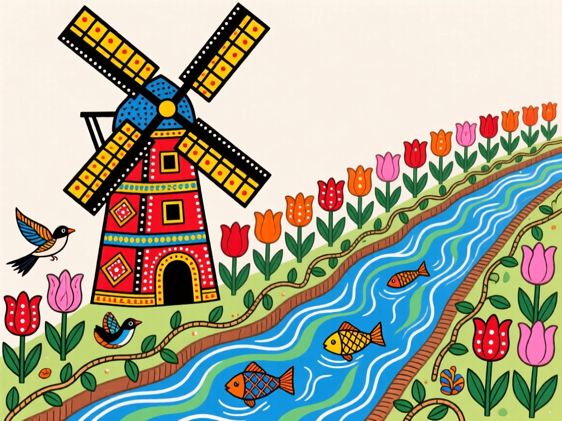 A windmill turning slowly beside a canal lined with tulips.