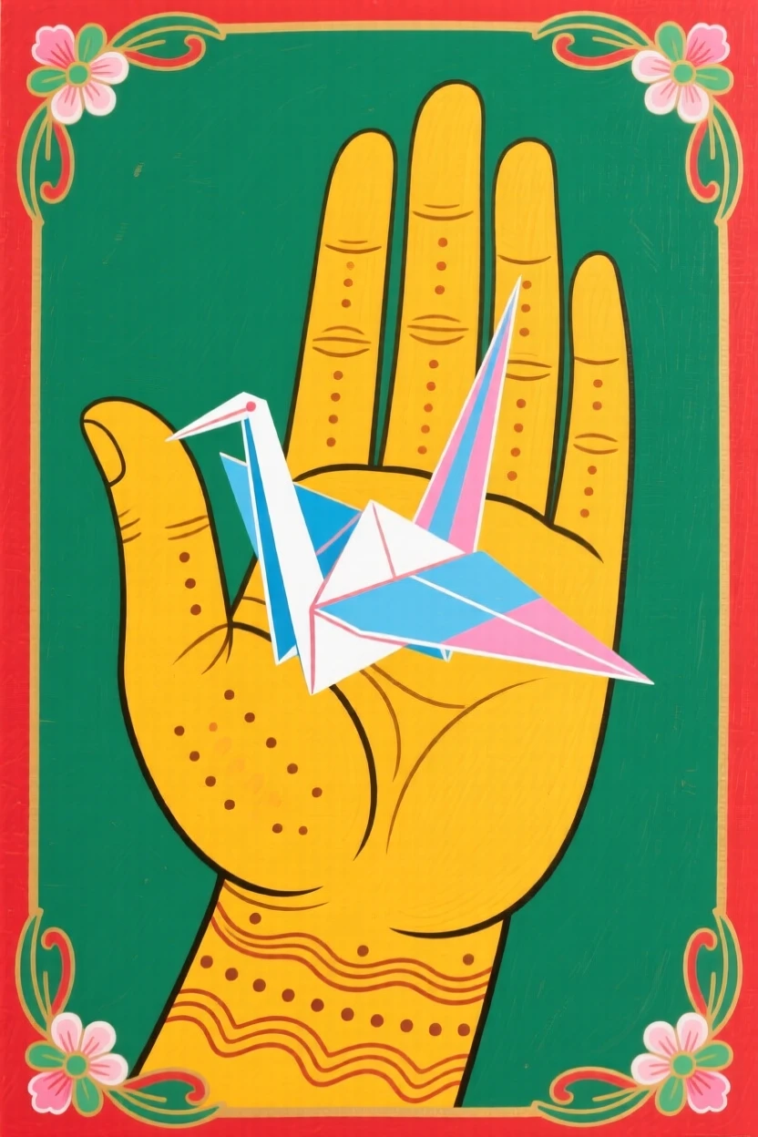 A folded paper crane resting on an open palm, symbolizing a wish for peace.