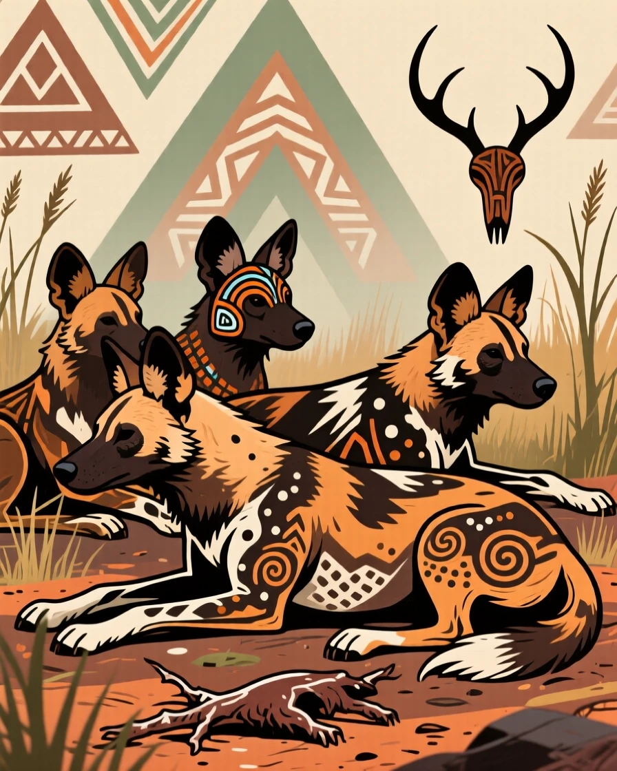 A pack of wild dogs resting after a hunt.