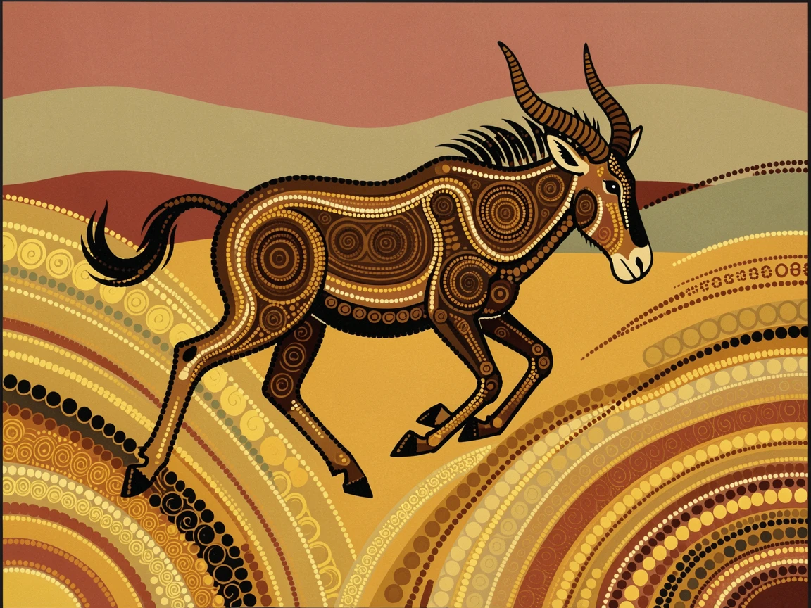 A wildebeest bounding across a golden meadow