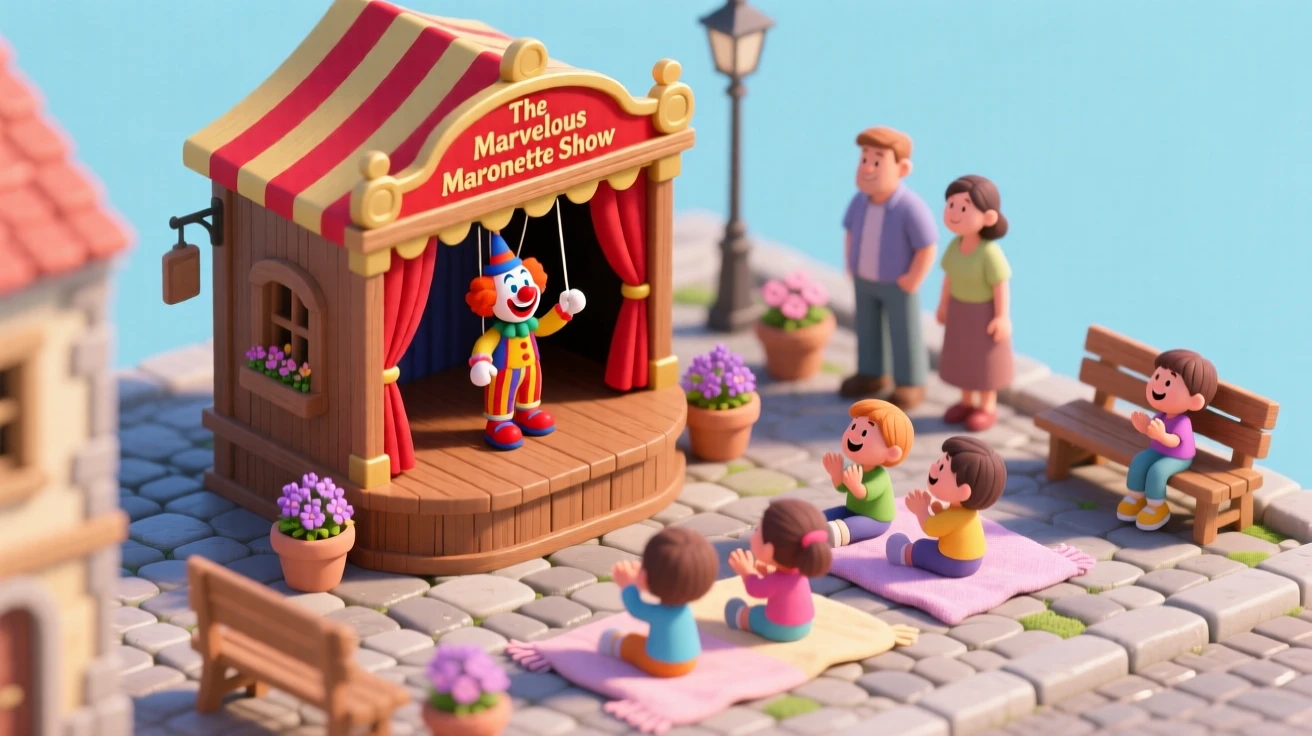 A charming puppet theater performance in a town square, children seated on blankets, laughing at a colorful marionette show.