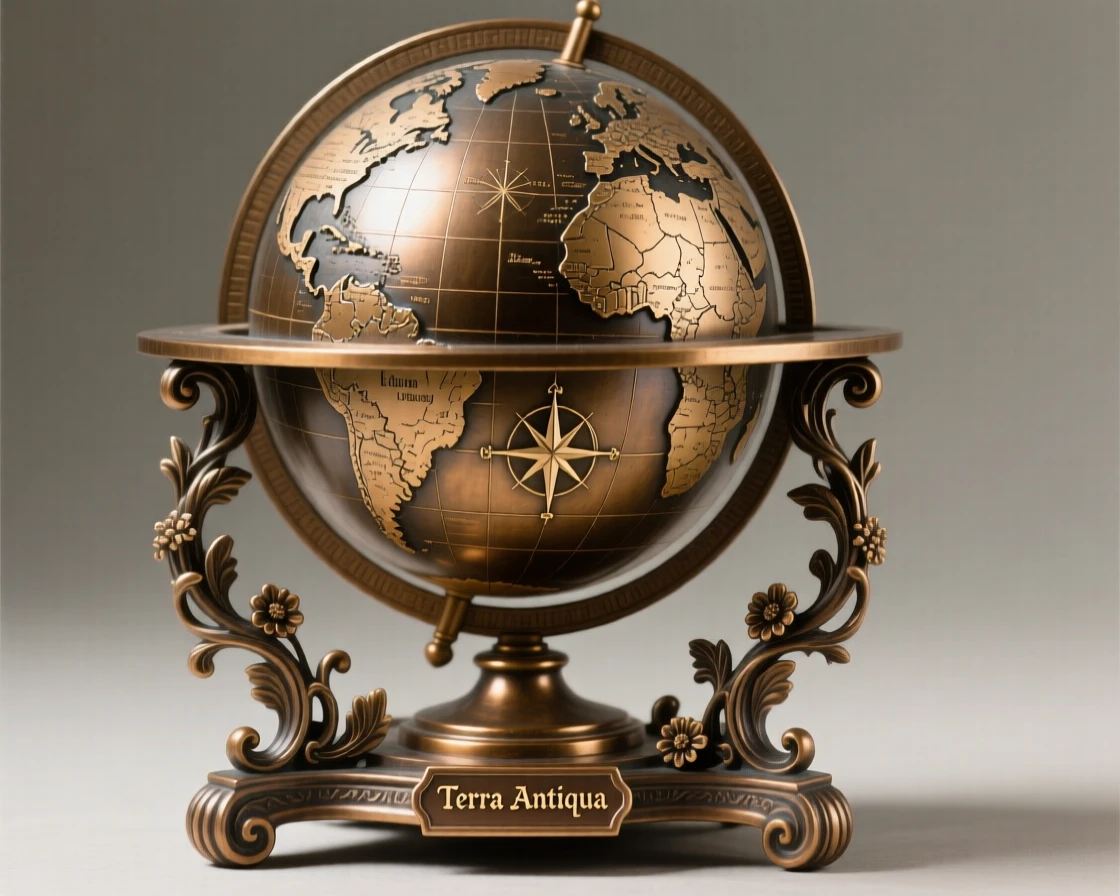 An antique globe with detailed continents and oceans, with delicate texture and fine ornamentation, radiating elegance and refinement